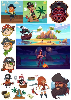 Collection of Pirate Characters, Ships, and Tropical Island Vector Illustrations Free Vector