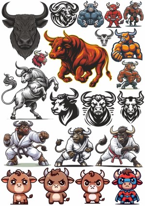 Collection of Bull and Buffalo Mascot Illustrations and Cartoon Characters Free Vector