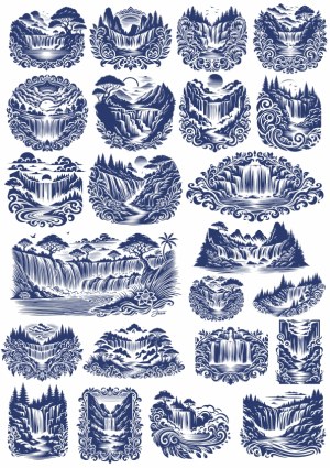 Set of Decorative Waterfall Nature Vector Illustrations Free Vector