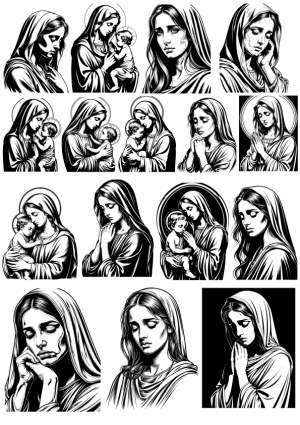 Black and White Religious Illustrations of Virgin Mary with Child Jesus and Prayer Poses Free Vector