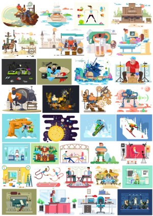Varied Vector Illustrations Collection Featuring People, Technology, and Activities Free Vector