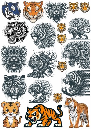 Collection of Artistic and Cartoon Tiger Head and Full-Body Vector Illustrations Free Vector