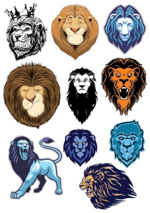 Set of Ten Stylized Lion Head and Full-Body Vector Illustrations Free Vector