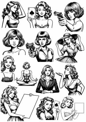 Vintage Style Black and White Pin-Up Women Vector Set Free Vector