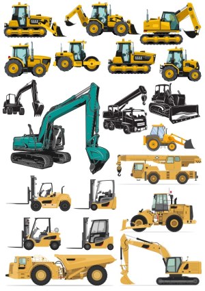 Collection of Construction and Industrial Vehicles Vector Illustrations Free Vector