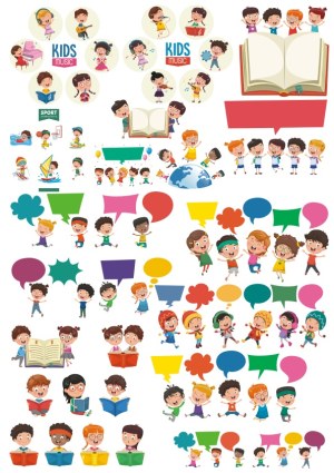 Vector Illustrations of Diverse Kids Reading, Playing Music, Sports, and Speech Bubbles Free Vector