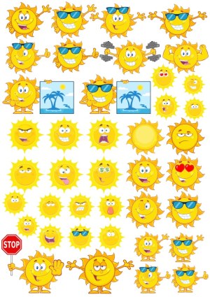Cartoon Sun Characters with Various Expressions and Accessories Free Vector