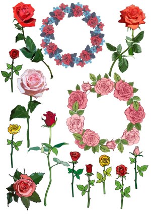 Vector Set of Various Rose Flowers and Floral Wreaths Free Vector