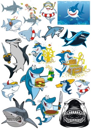 Cartoon Shark Characters in Various Fun and Nautical Themes Free Vector