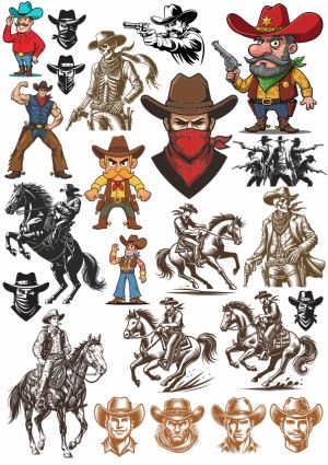 Western Cowboy and Outlaw Vector Illustrations Collection Free Vector