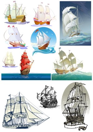 Set of Vintage Sailing Ship and Tall Ship Vector Illustrations Free Vector