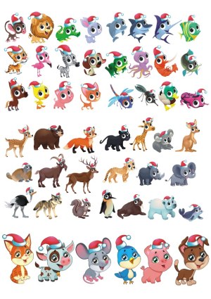 Cute Animal Cartoons with Santa Hats Vector Collection Free Vector