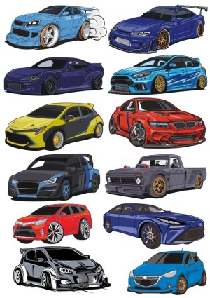 Collection of 12 Detailed Sports and Modified Cars Vector Illustrations Free Vector