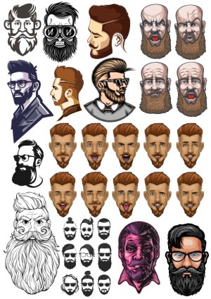Collection of Male Head and Beard Vector Illustrations with Varied Hairstyles and Facial Expressions Free Vector
