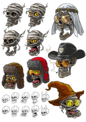 Collection of Detailed Skulls Wearing Various Headgear and Expressions Free Vector