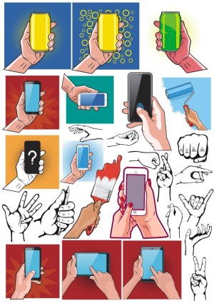 Hands Holding Smartphones, Tablets, Paint Brushes, and Beverage Cans Vector Set Free Vector