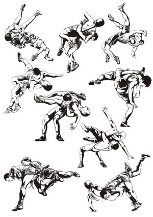 Black and White Wrestling Action Poses Vector Set Free Vector
