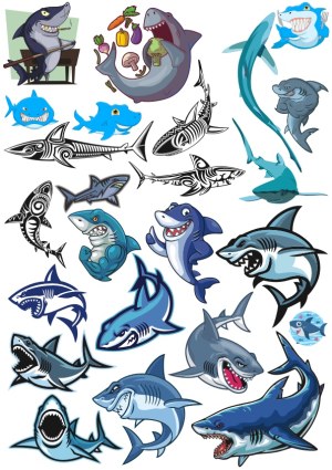 Collection of Cartoon and Tribal Shark Vector Illustrations Free Vector