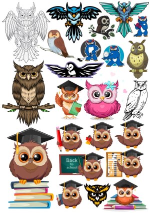 Collection of Various Owl Vector Illustrations including Cartoon, Realistic, and Academic Themes Free Vector