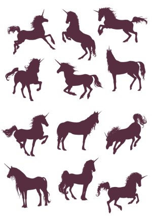 Set of Eleven Dark Purple Unicorn Silhouettes in Various Poses Free Vector