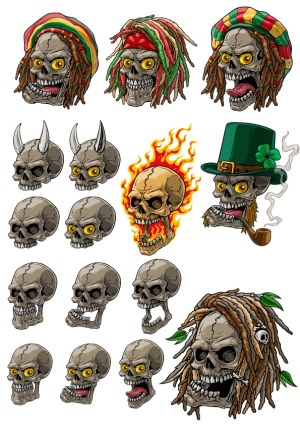 Collection of Illustrated Skull Characters with Various Themes and Expressions Free Vector
