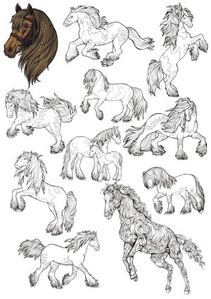 Set of Decorative Gypsy Horse Vector Illustrations Free Vector