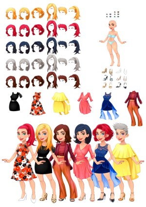 Vector Female Character Creator with Diverse Hairstyles, Dresses, and Shoes Free Vector