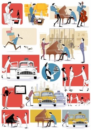 Stylized Vector Illustrations of Business, Music, and Taxi Scenes Free Vector