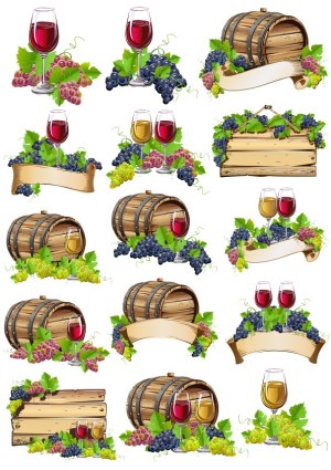 Wine Glasses, Grapes, and Wooden Barrel Vector Icons Set Free Vector