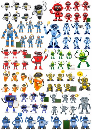 Collection of Colorful Cartoon Robots with Various Poses and Gadgets Free Vector