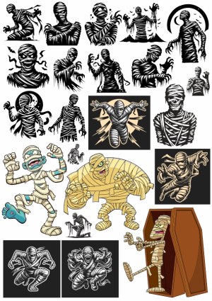 Collection of Mummy Monster Vector Illustrations and Cartoon Characters Free Vector