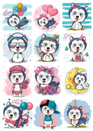 Cute Cartoon Husky Dog Collection with Accessories and Themes Free Vector