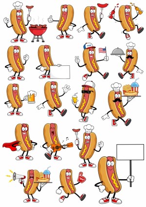 Cartoon Hot Dog Characters in Various Fun Poses and Activities Free Vector