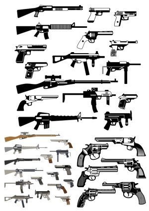 Silhouettes and Colored Vector Illustrations of Various Firearms Free Vector
