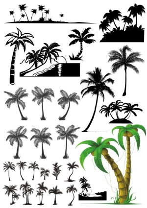 Variety of Palm Tree Silhouettes and Tropical Island Vectors Free Vector