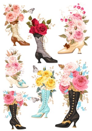 Vintage Victorian Boots with Floral Arrangements Vector Set Free Vector