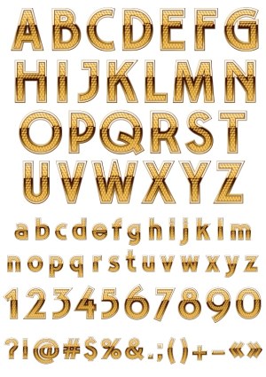 Gold Patterned Alphabet, Numbers, and Symbols Vector Set Free Vector