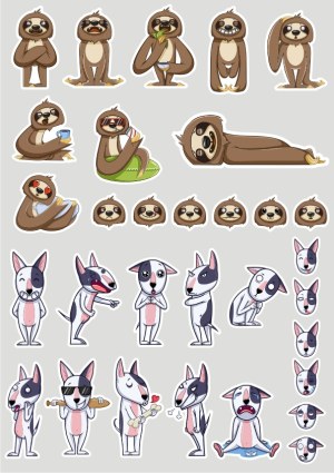 Cartoon Sloth and Bull Terrier Dog Character Emotions and Poses Vector Set Free Vector