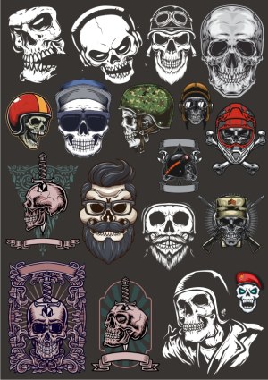 Collection of Various Skull Vector Designs including Helmeted and Tattoo Style Free Vector