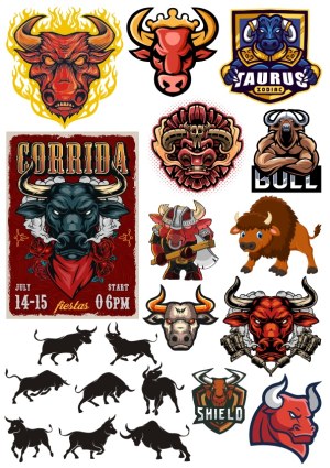 Collection of Bull and Taurus Vector Illustrations and Silhouettes Free Vector