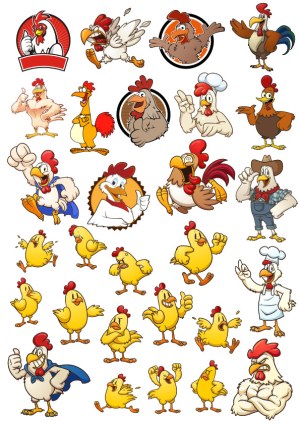 Cartoon Chicken and Rooster Character Collection with Various Poses and Expressions Free Vector