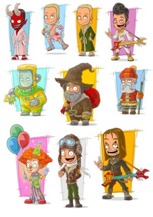 Cartoon Characters in Various Costumes Including Devil, Cupid, Wizard, and Clown Free Vector