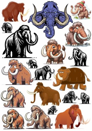 Collection of Mammoth and Woolly Elephant Cartoon and Silhouette Vectors Free Vector