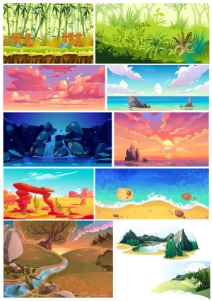 Collection of Colorful Natural Landscape Vector Scenes Free Vector