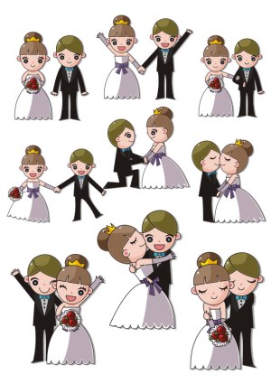 Cute Cartoon Bride and Groom Wedding Poses Vector Set Free Vector
