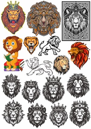 Collection of Decorative and Cartoon Lion Head Illustrations and Silhouettes Free Vector