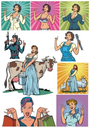 Pop Art Style Women in Various Roles and Activities Free Vector
