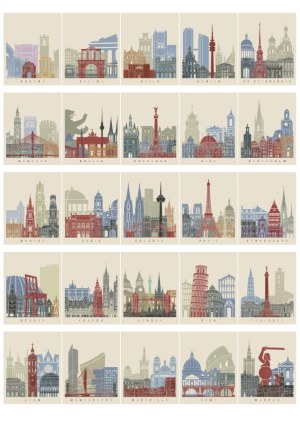 Stylized Vector Collage of Famous European City Skylines Free Vector
