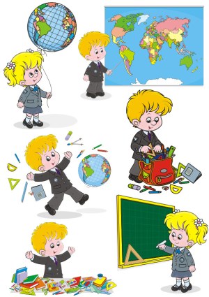 School Children Learning with Map and School Supplies Vector Set Free Vector