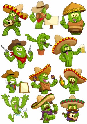 Cartoon Cactus Characters in Mexican Attire with Various Poses and Props Free Vector